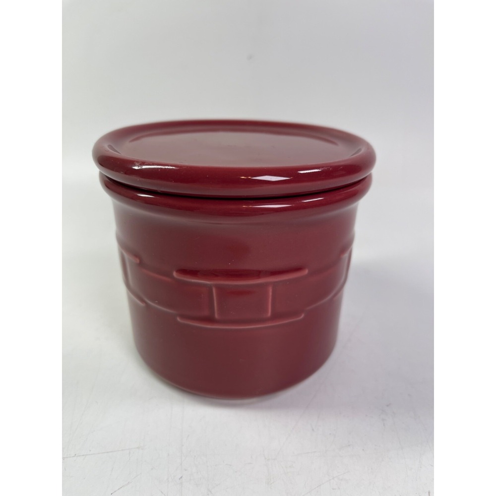 Longaberger Pottery Woven Traditions Pint Crock Canister w/ Lid Burgundy/Maroon